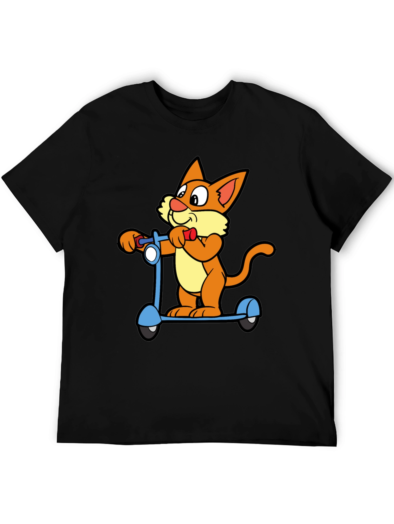 Cartoon Cat Riding Scooter Black T-Shirt