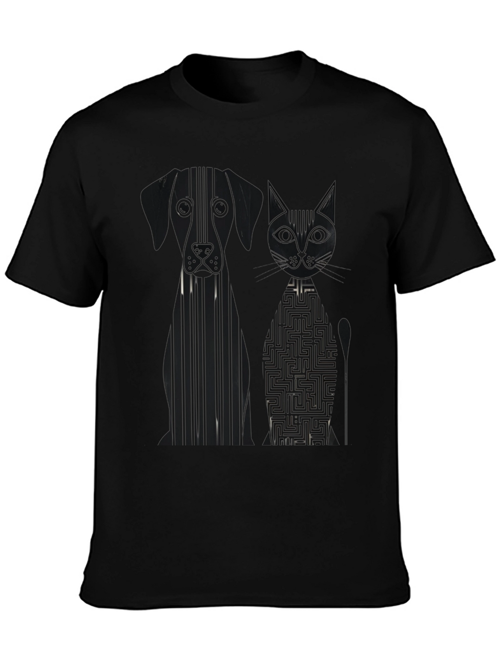 Dog and Cat Geometric Graphic Black T-Shirt