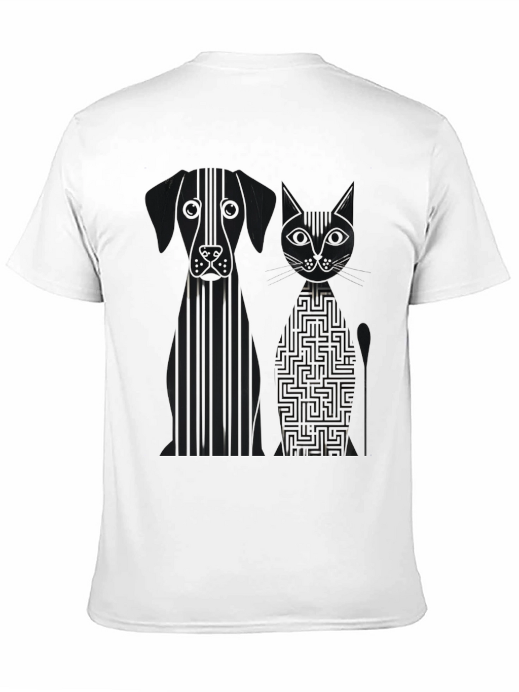 Dog and Cat Geometric Graphic Black T-Shirt