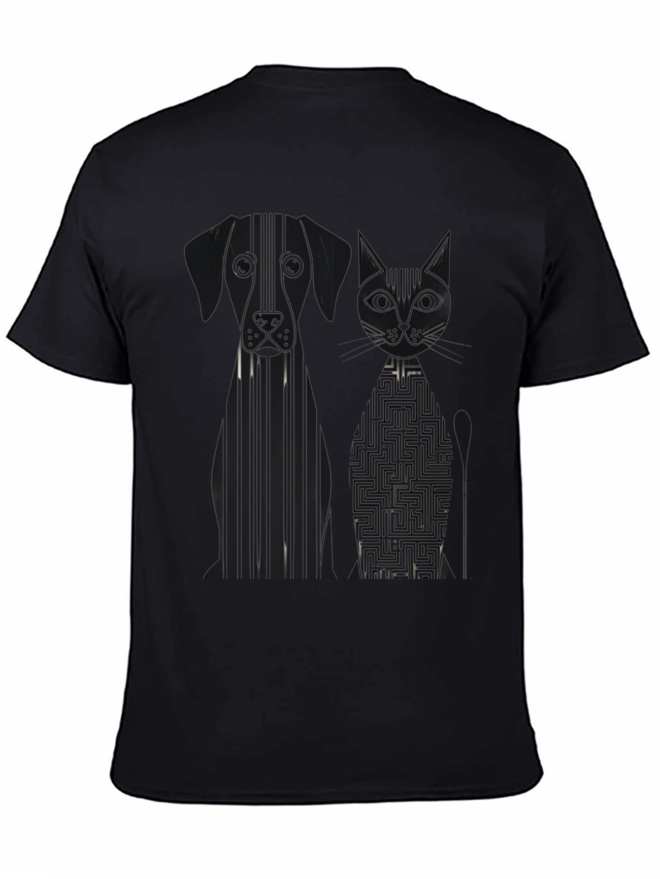 Dog and Cat Geometric Graphic Black T-Shirt