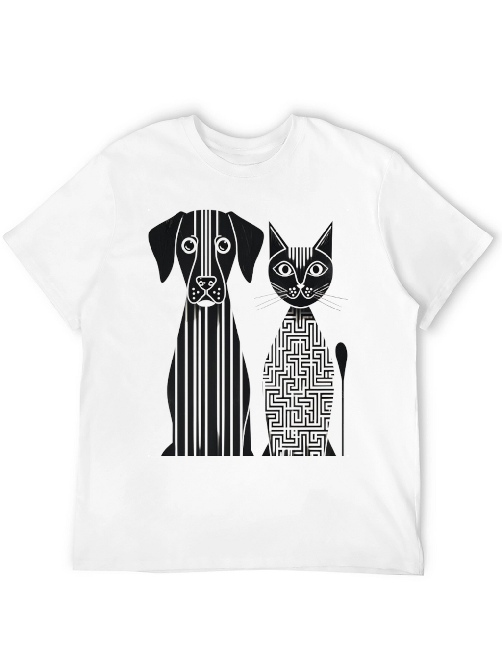Dog and Cat Geometric Graphic Black T-Shirt