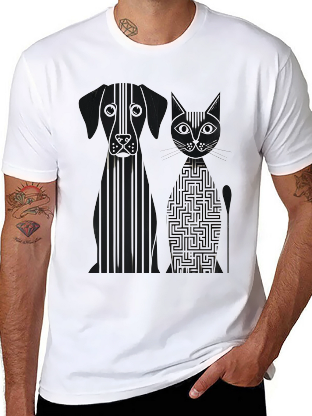Dog and Cat Geometric Graphic Black T-Shirt
