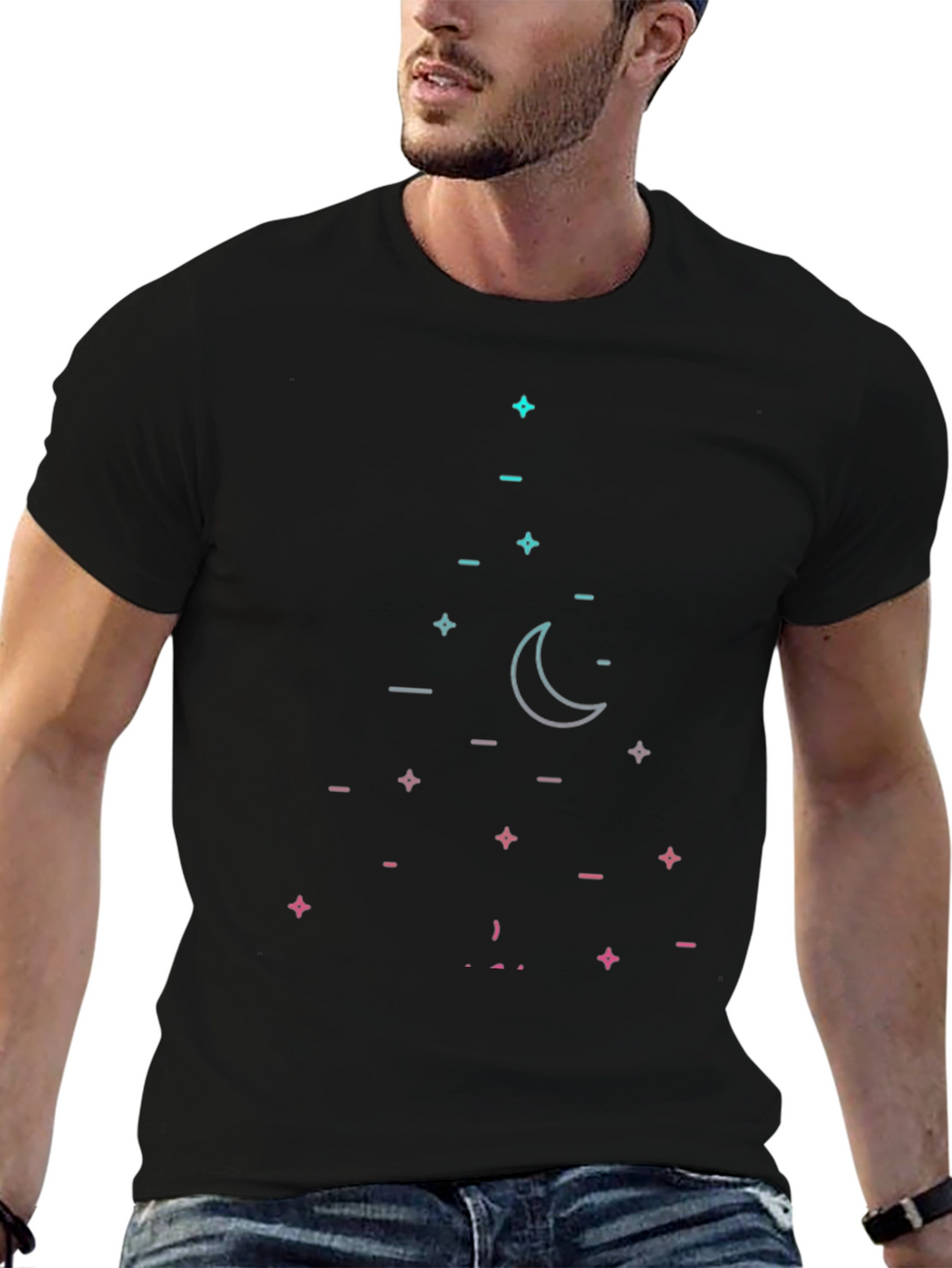 Geometric Moon & Stars Black T-Shirt