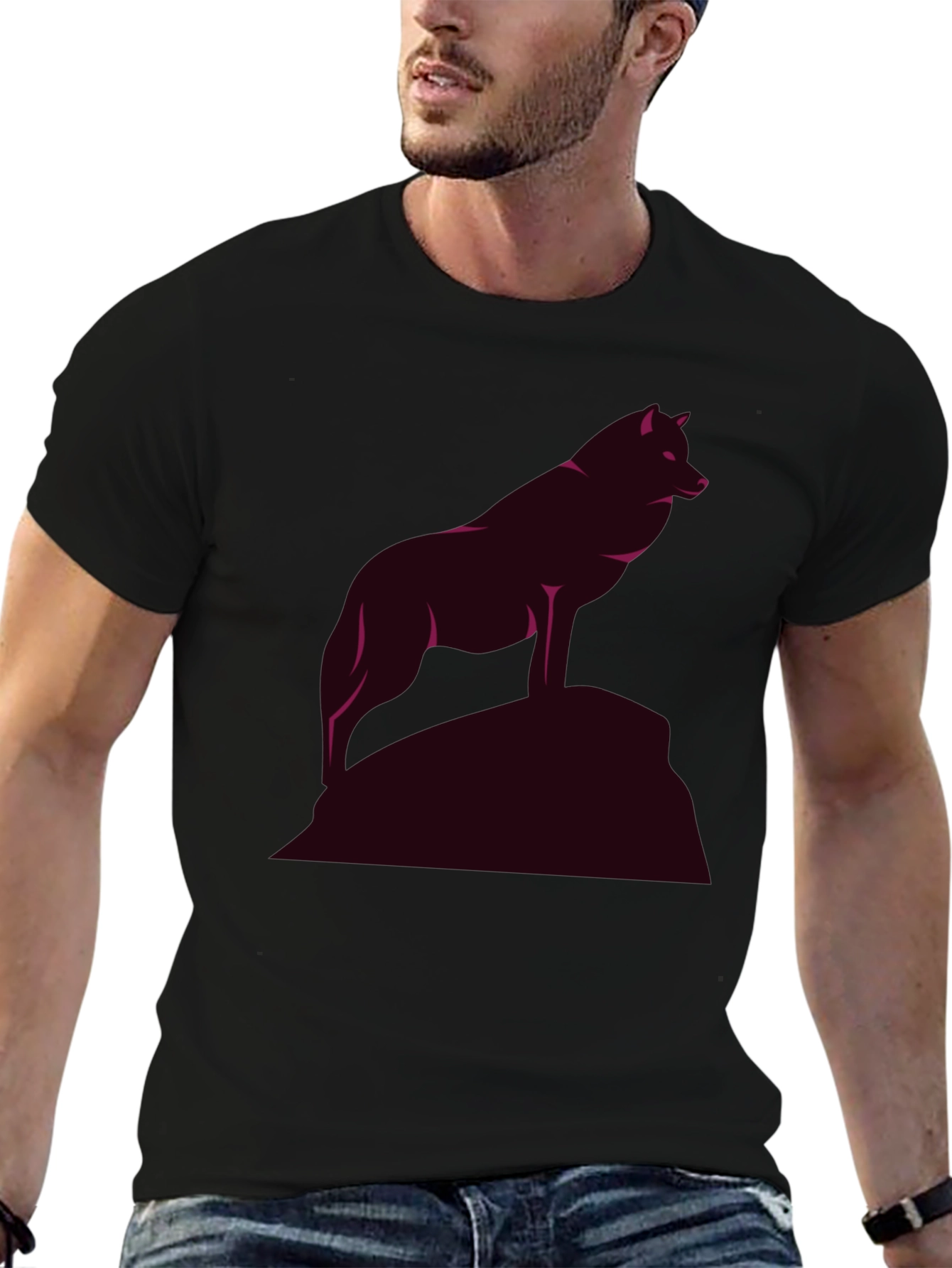 Mens Black T-Shirt with Wolf Graphic