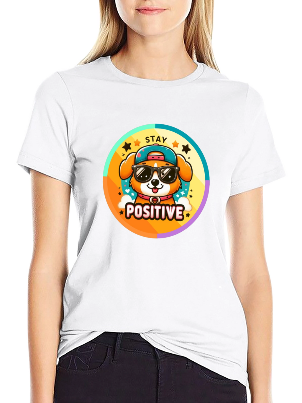 Stay Positive Dog T-Shirt - Trendy Cartoon Style