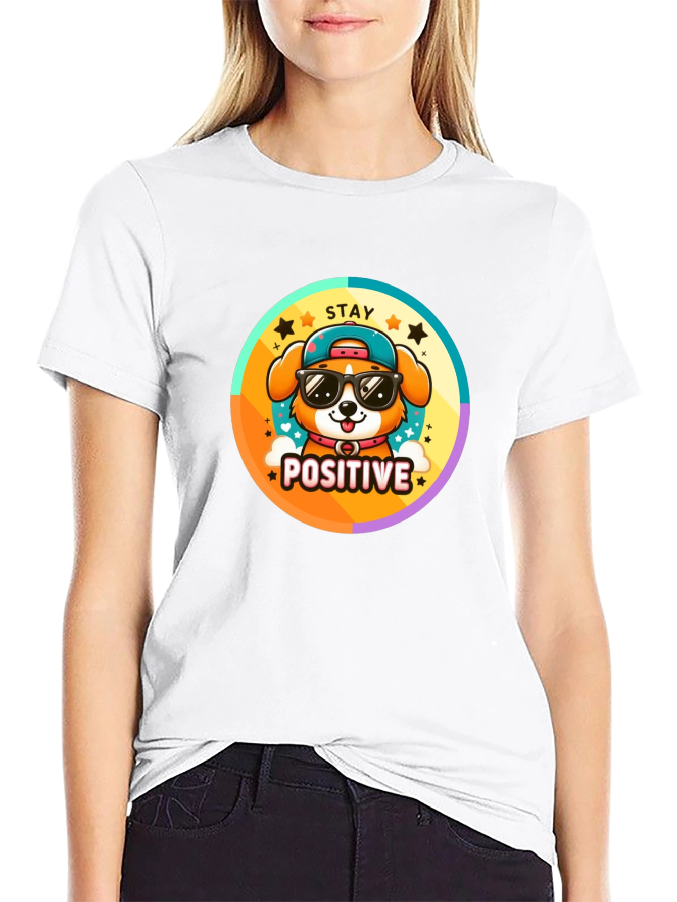Stay Positive Dog T-Shirt - Trendy Cartoon Style