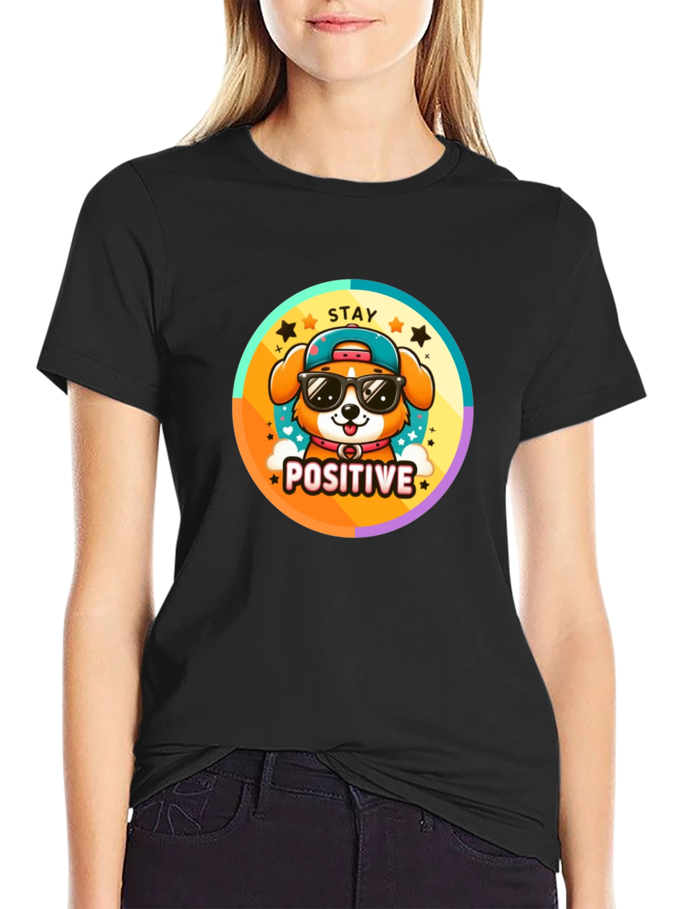 Stay Positive Dog T-Shirt - Trendy Cartoon Style
