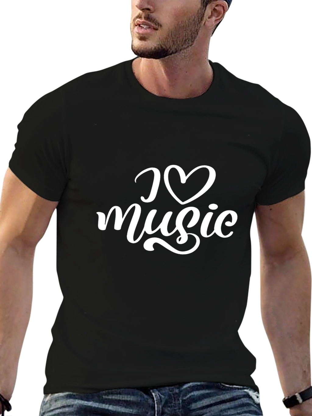 I Love Music Graphic Print Black T-Shirt