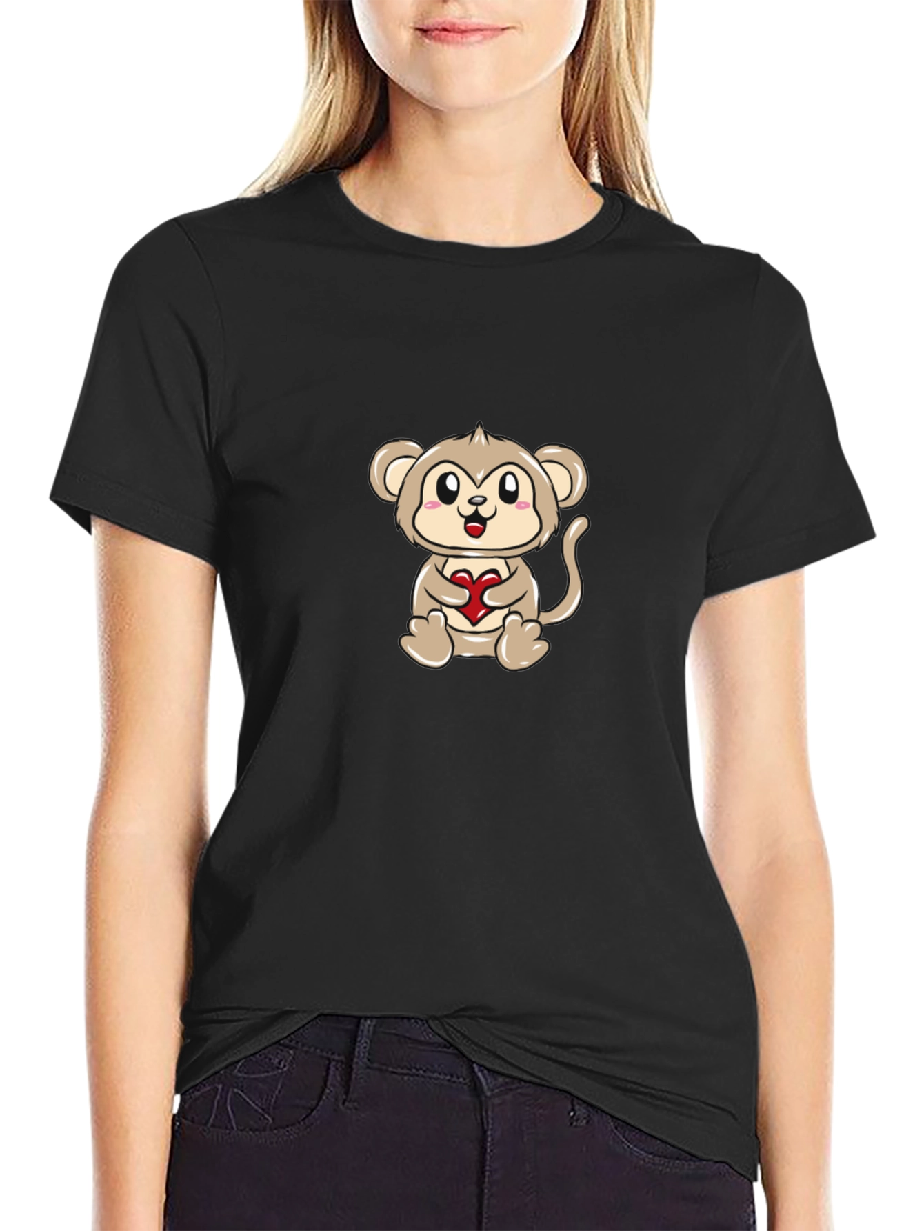 Cute Monkey Holding Heart - Graphic T-Shirt