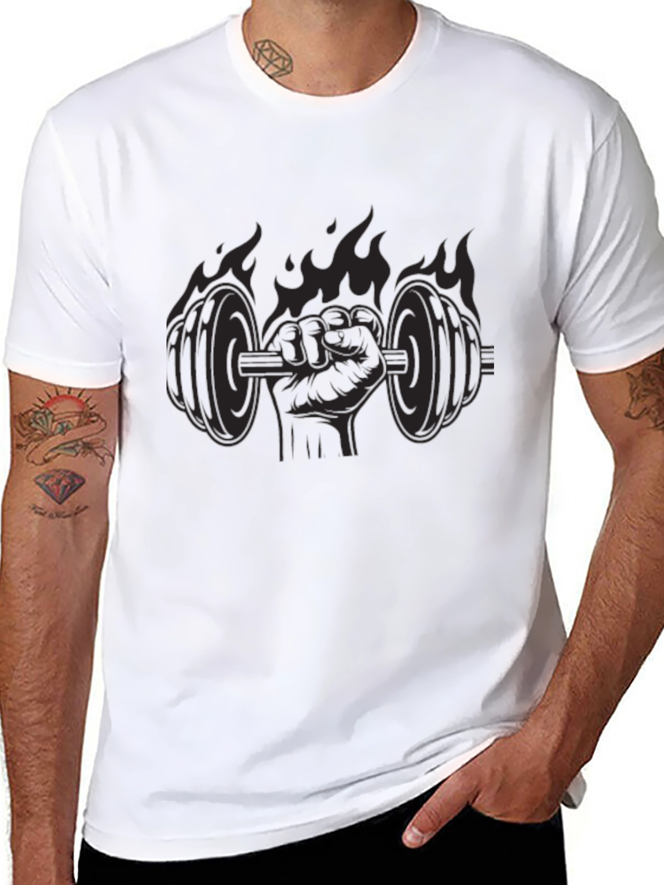 Flaming Fist Dumbbell Black T-Shirt