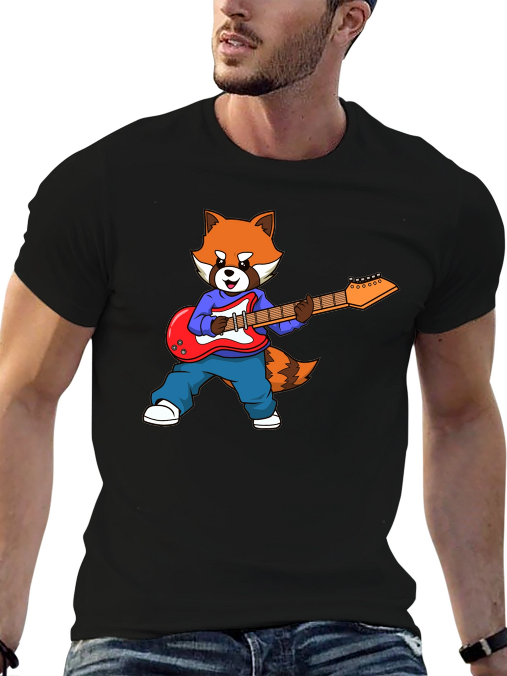 Red Panda Guitarist Black T-Shirt
