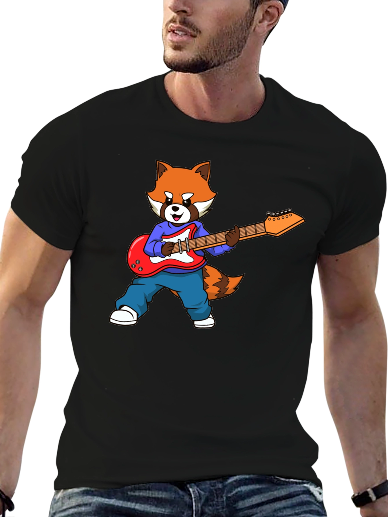 Red Panda Guitarist Black T-Shirt