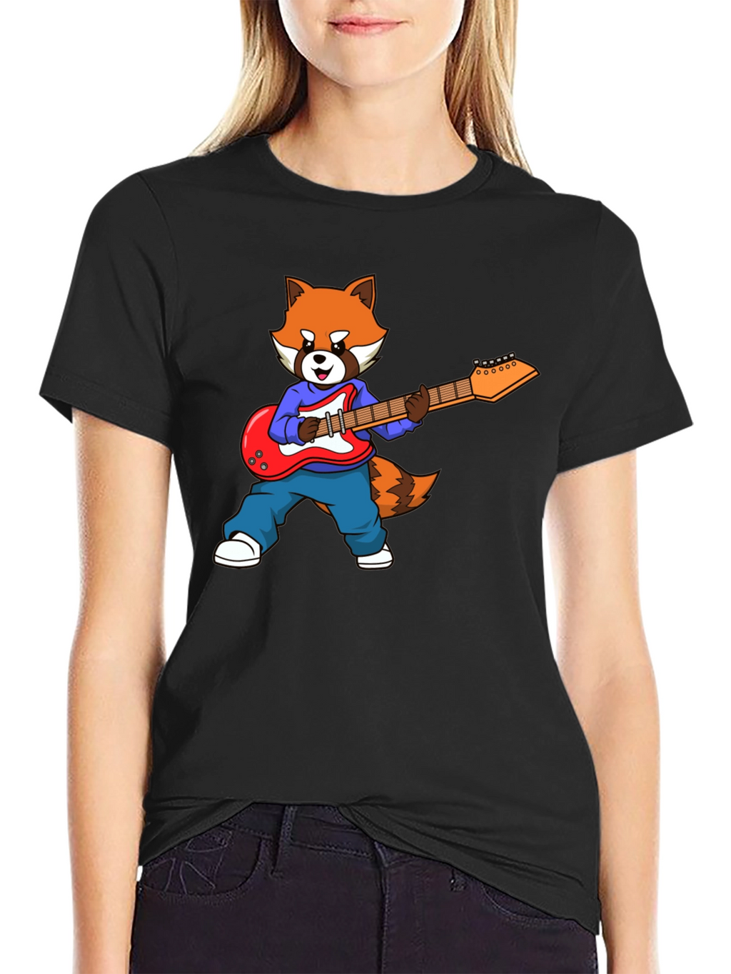 Red Panda Guitarist Black T-Shirt