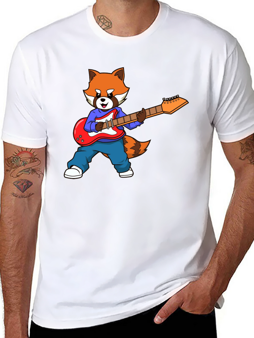 Red Panda Guitarist Black T-Shirt