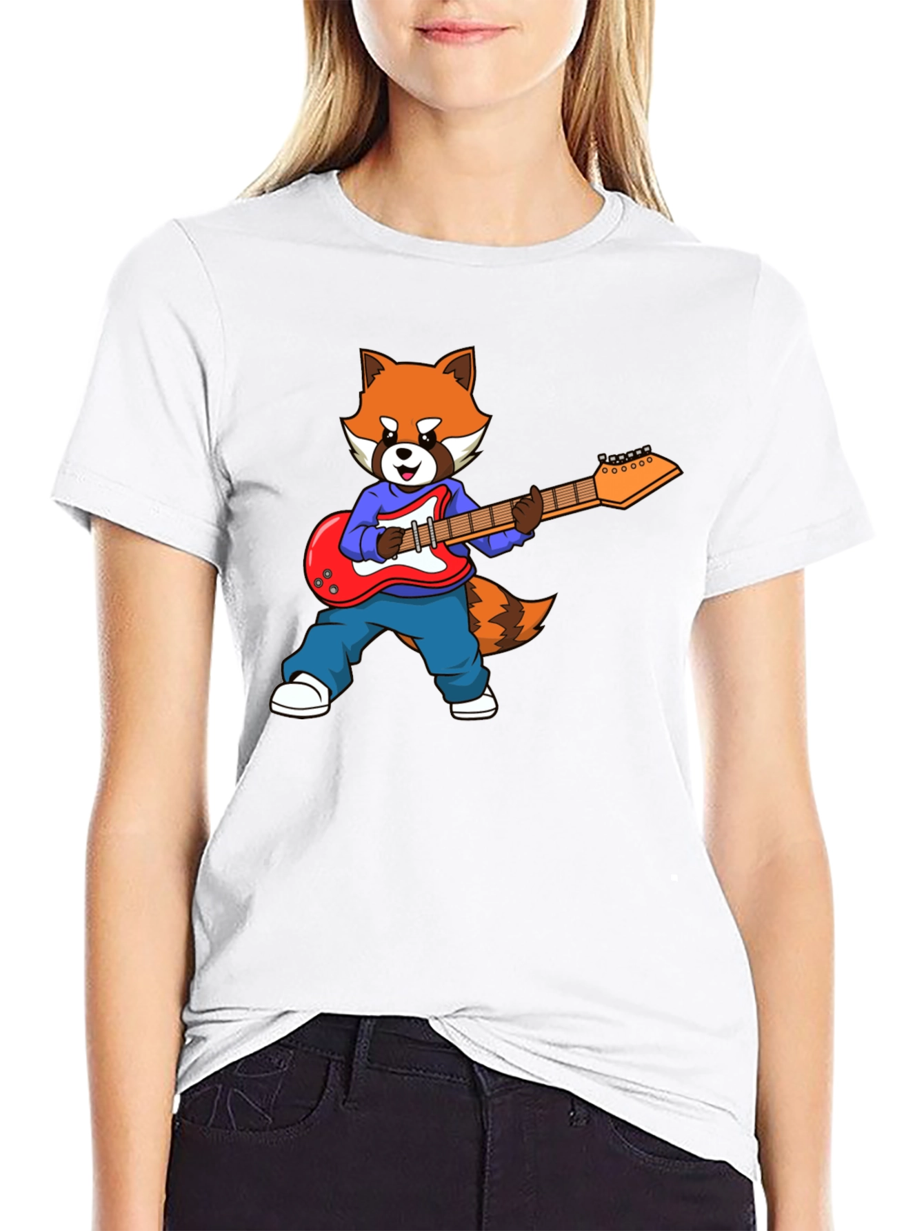 Red Panda Guitarist Black T-Shirt