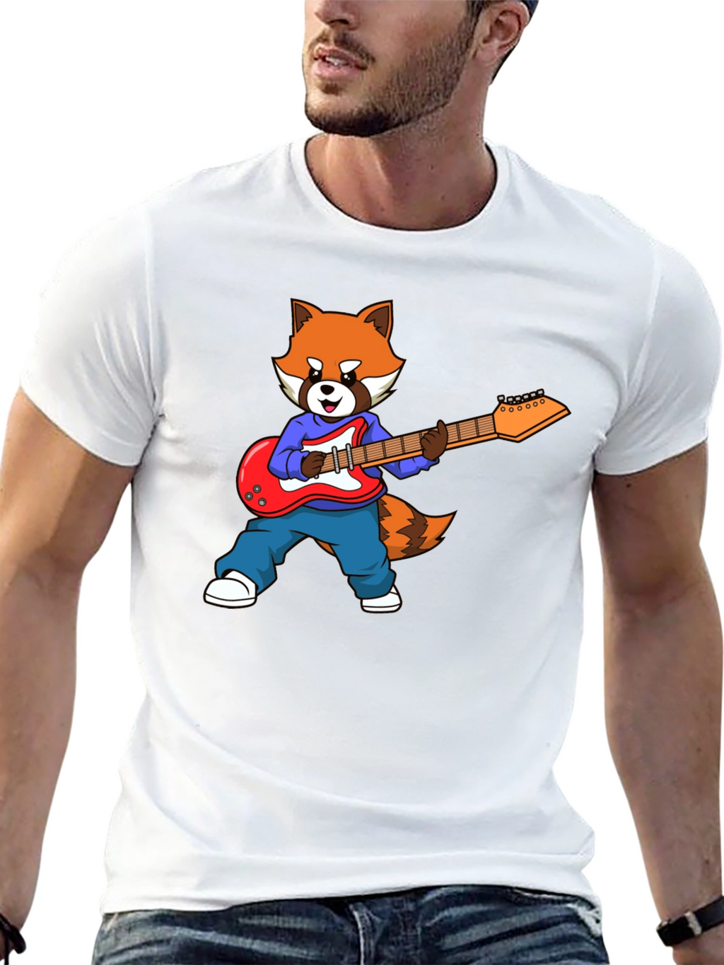 Red Panda Guitarist Black T-Shirt
