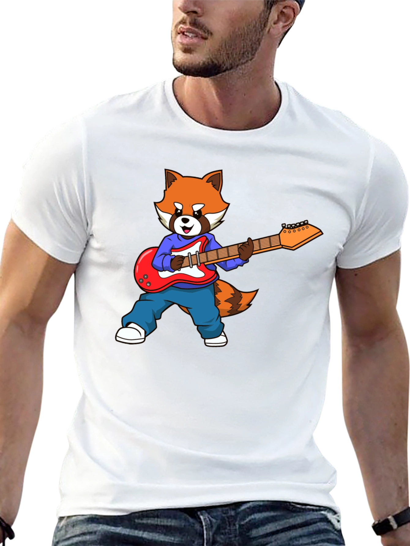 Red Panda Guitarist Black T-Shirt
