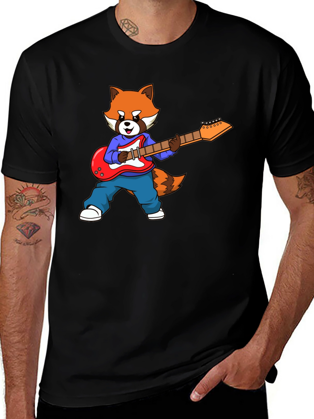 Red Panda Guitarist Black T-Shirt