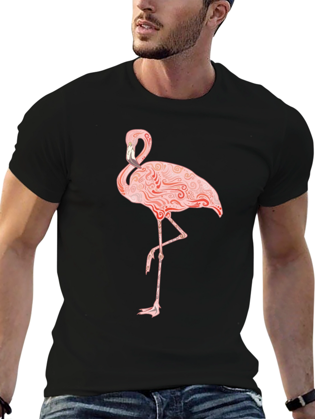 Flamingo Graphic Print T-Shirt - Black