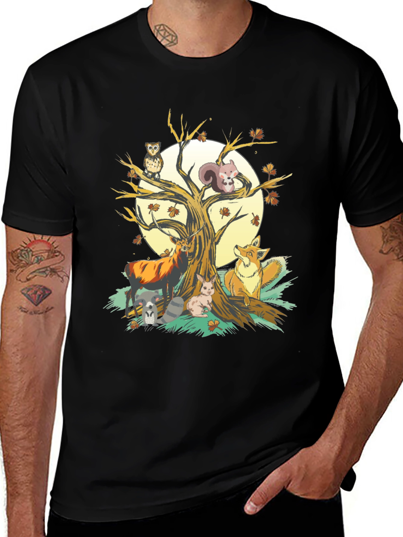 Autumnal Wildlife T-Shirt: Deer Fox Owl
