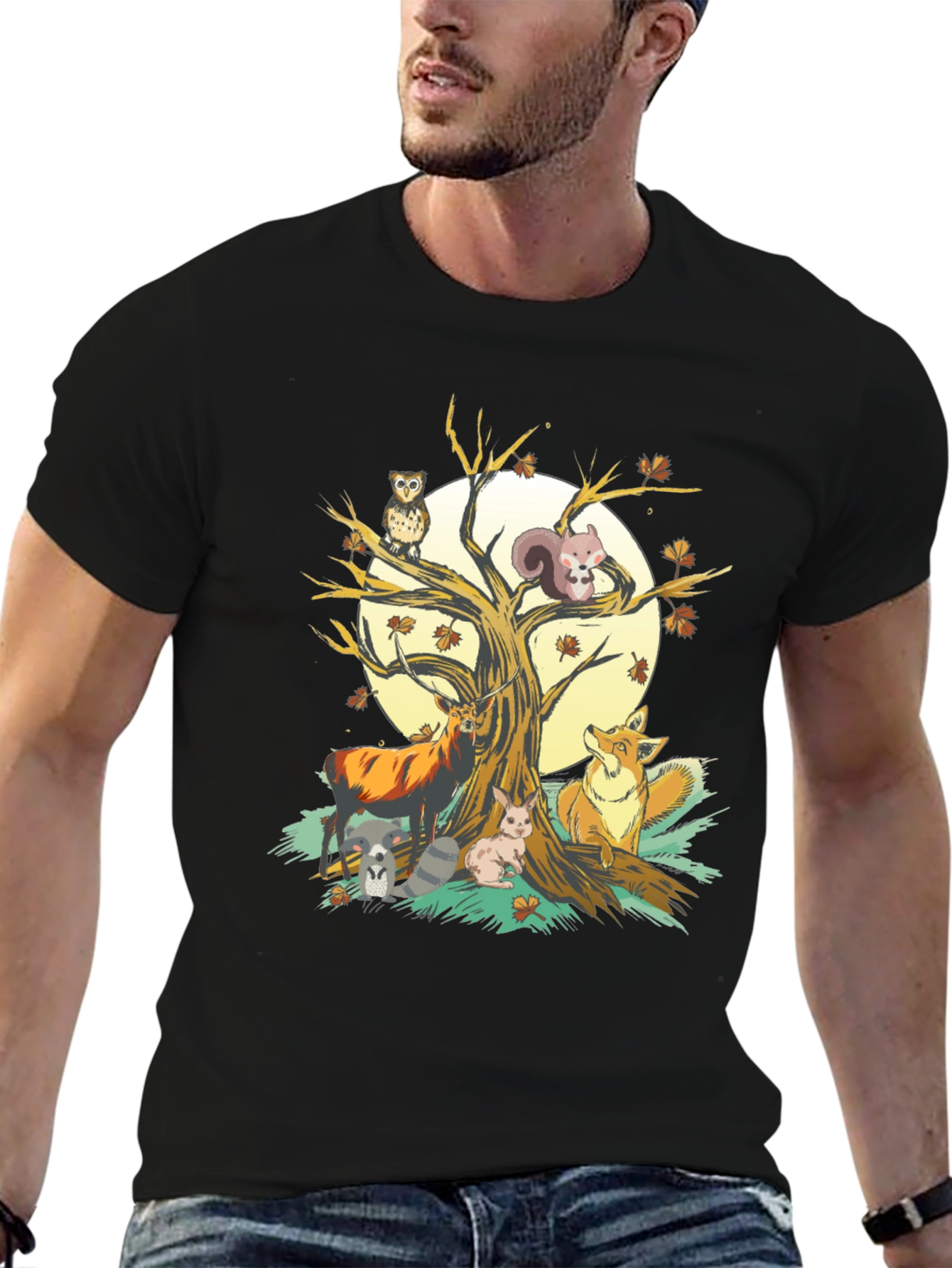 Autumnal Wildlife T-Shirt: Deer Fox Owl
