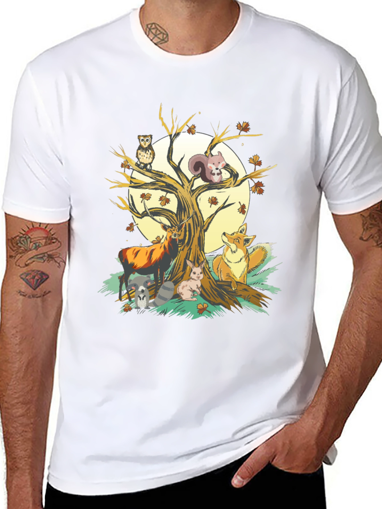 Autumnal Wildlife T-Shirt: Deer Fox Owl