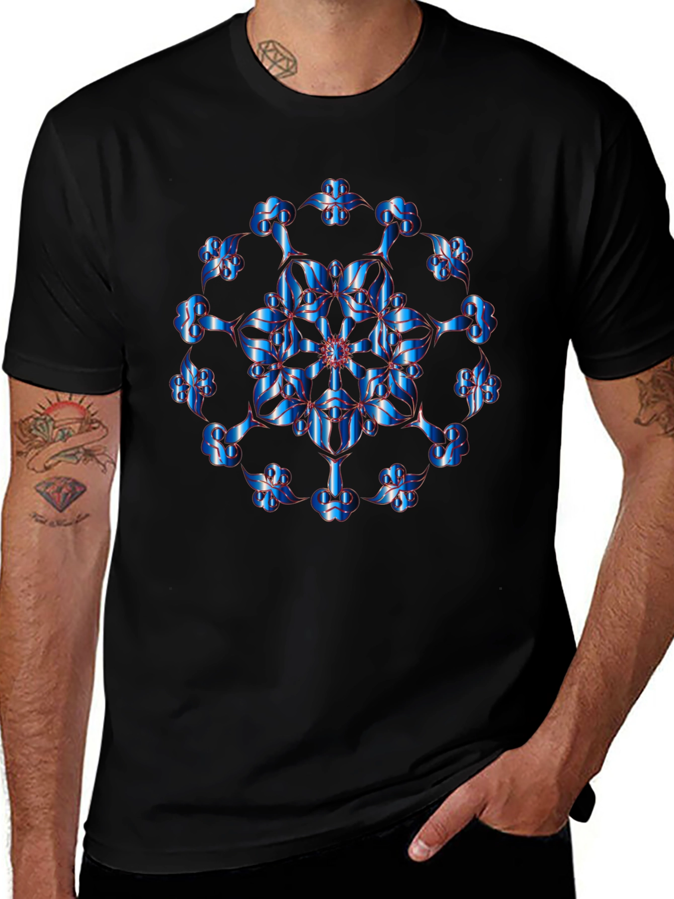 Abstract Blue Floral Graphic Black T-Shirt