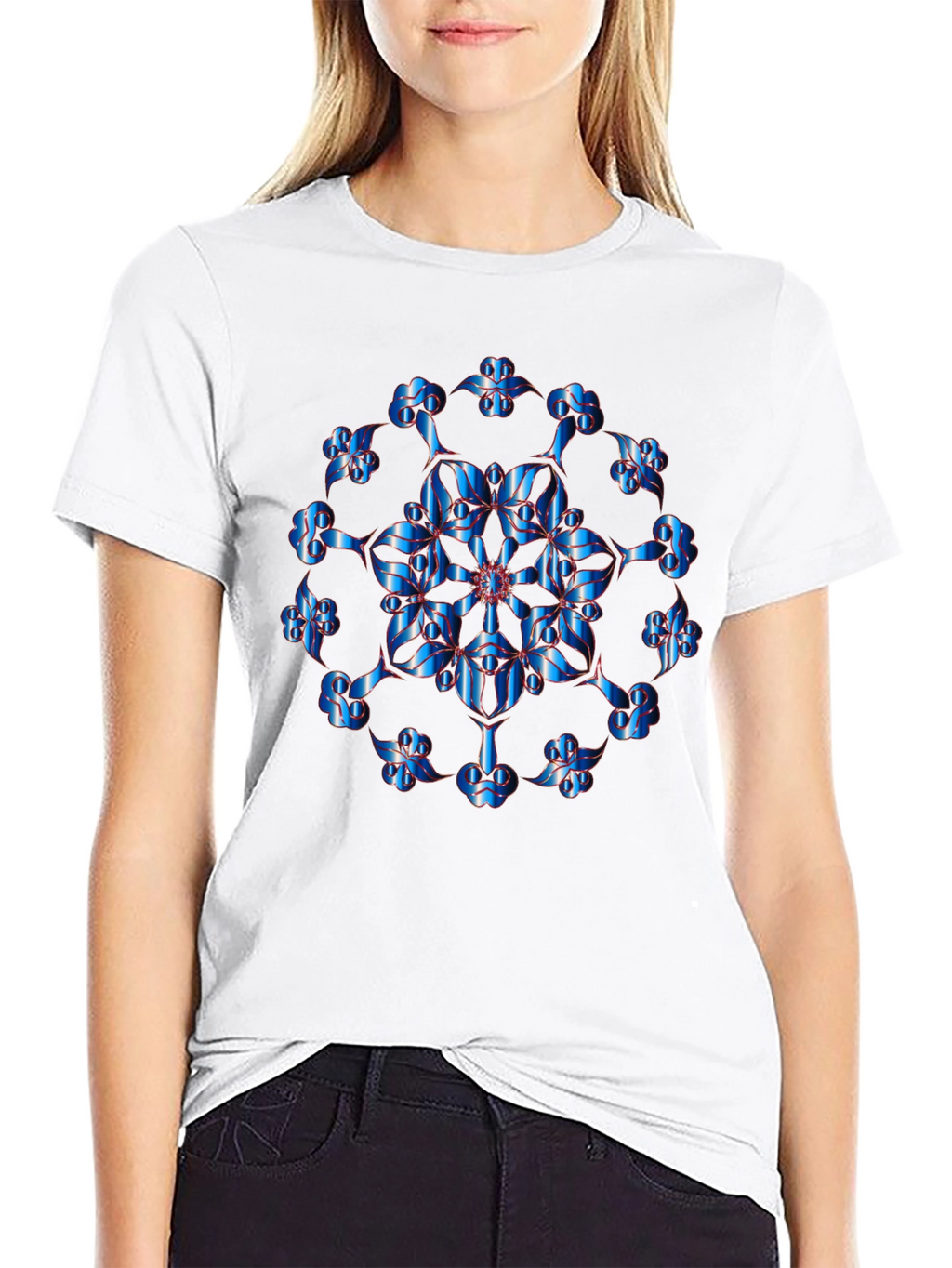Abstract Blue Floral Graphic Black T-Shirt