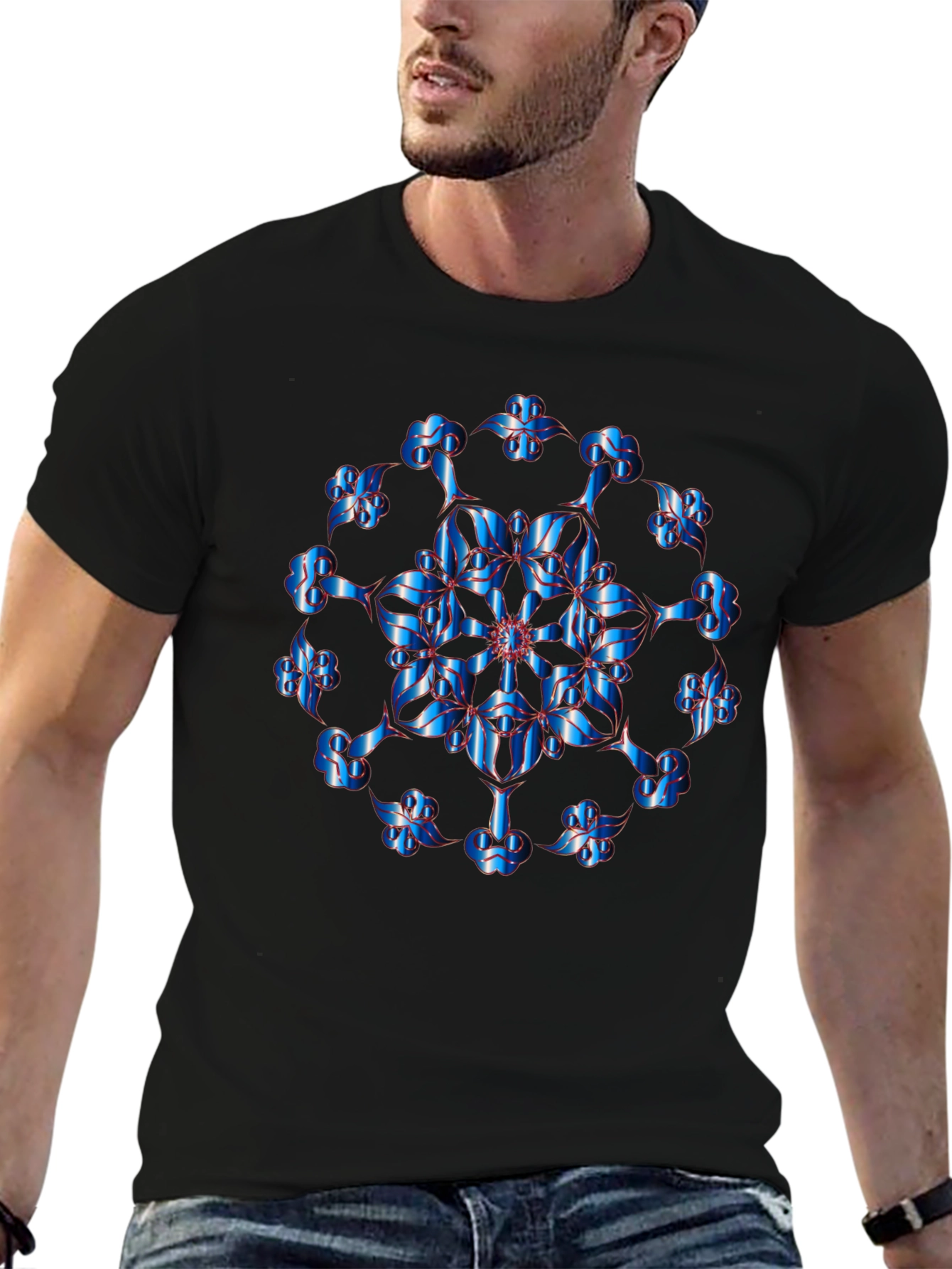 Abstract Blue Floral Graphic Black T-Shirt