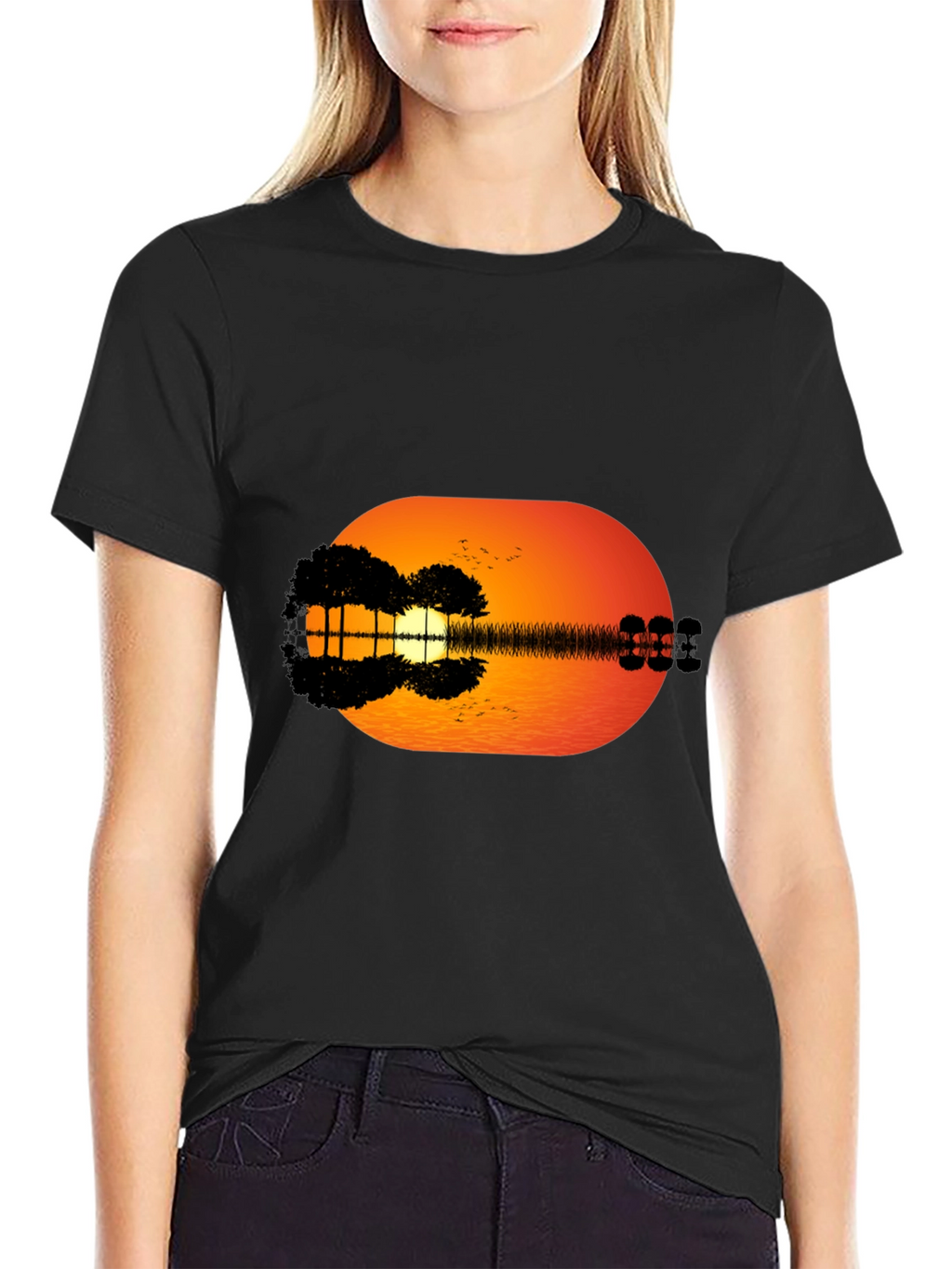 Sunset Guitar Graphic Tee - Black Casual T-Shirt