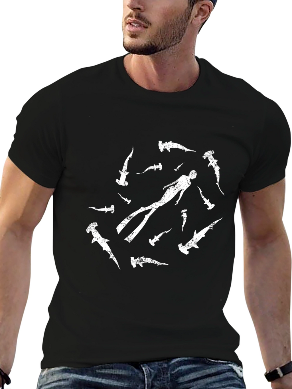Hammerhead Shark Diver T-Shirt - Black Cotton