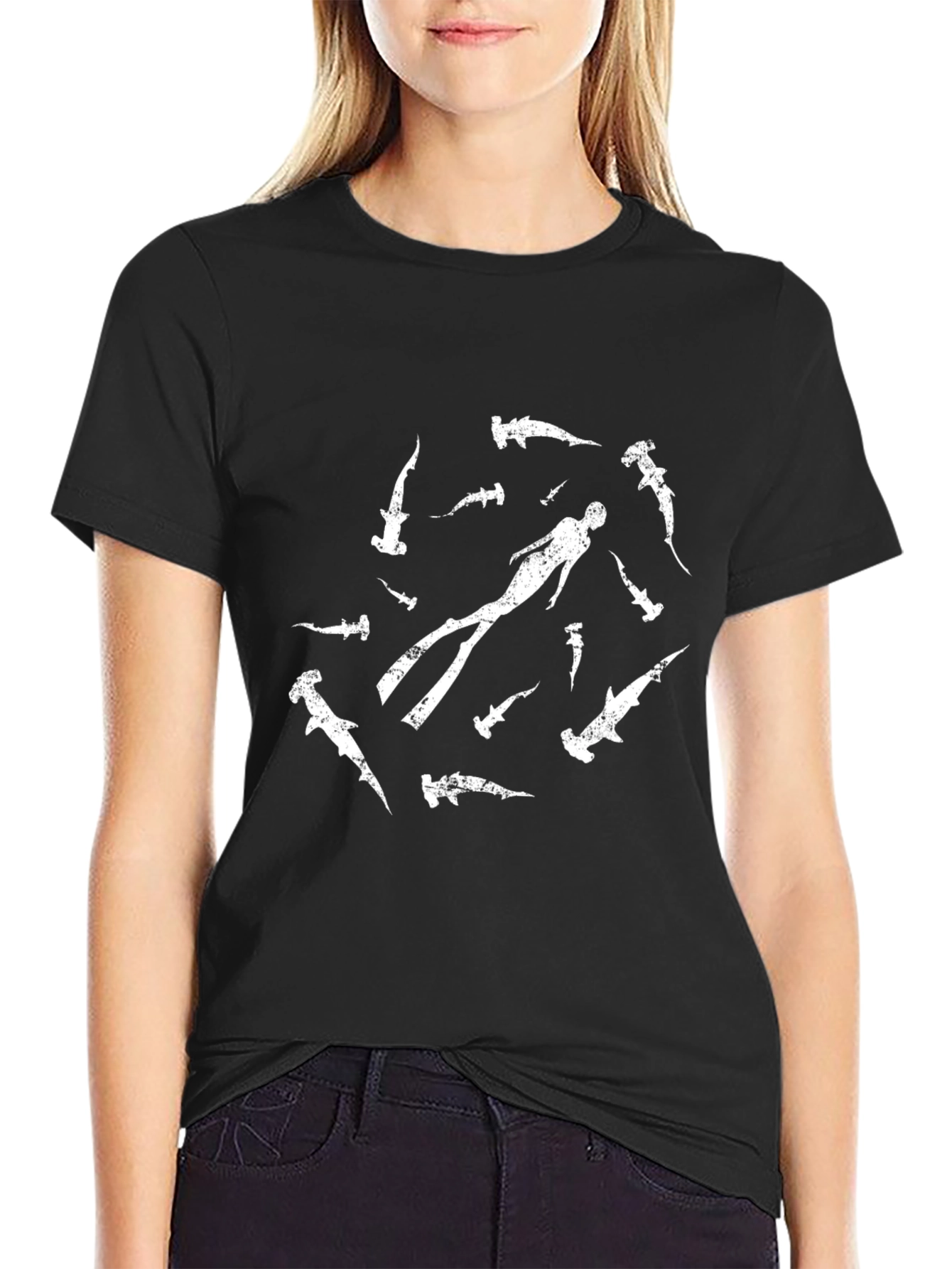 Hammerhead Shark Diver T-Shirt - Black Cotton
