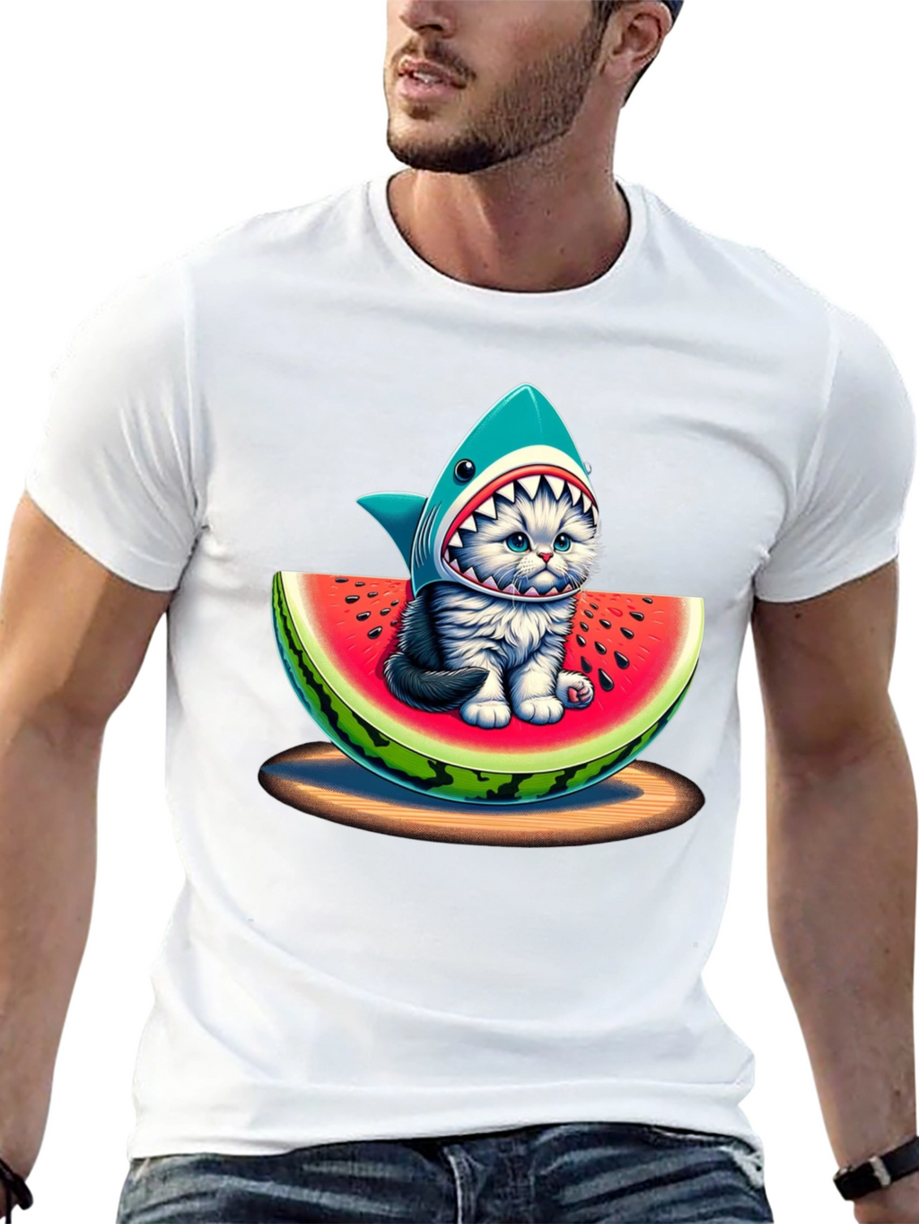 Shark Cat Watermelon Graphic T-Shirt