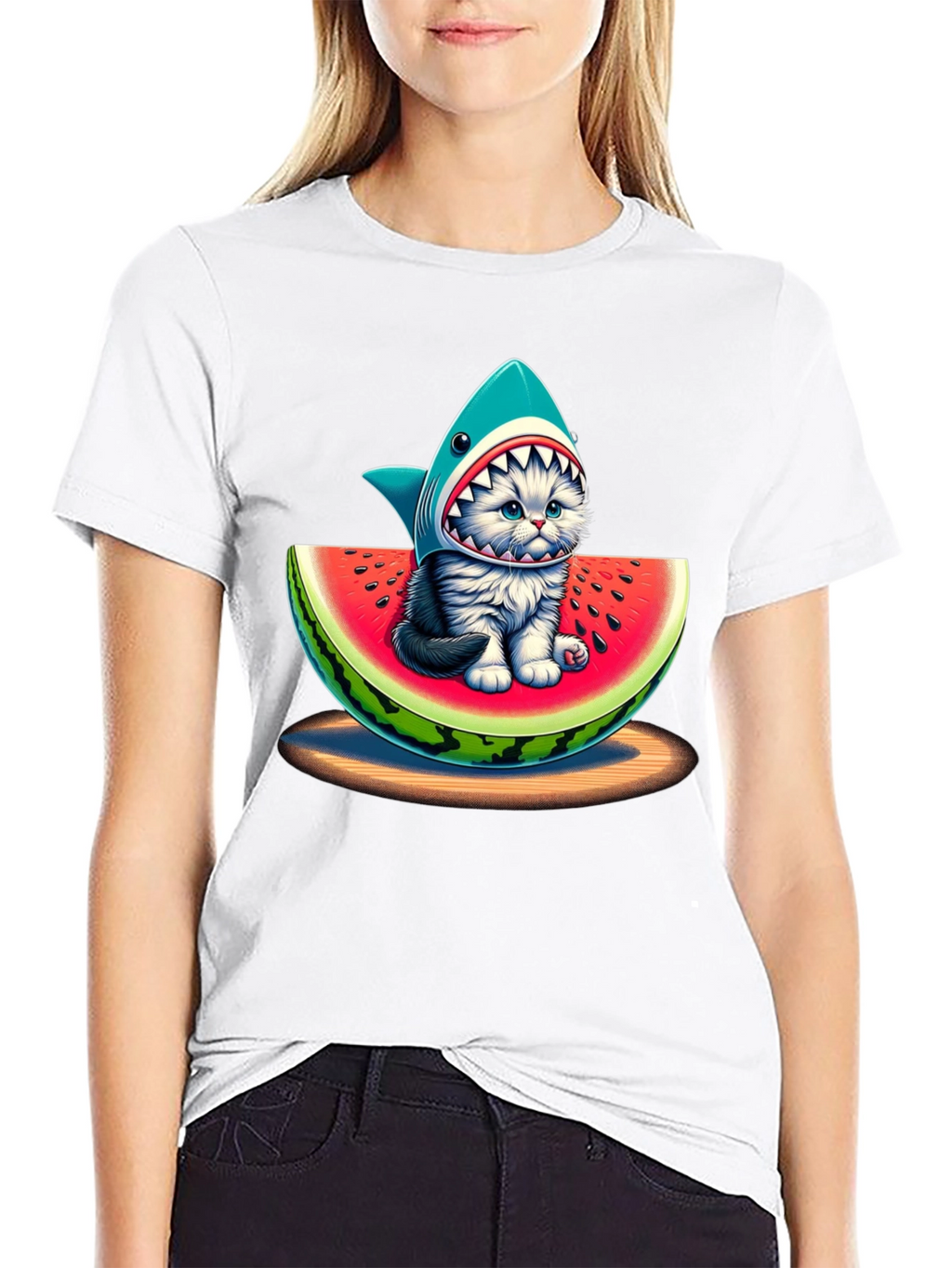 Shark Cat Watermelon Graphic T-Shirt