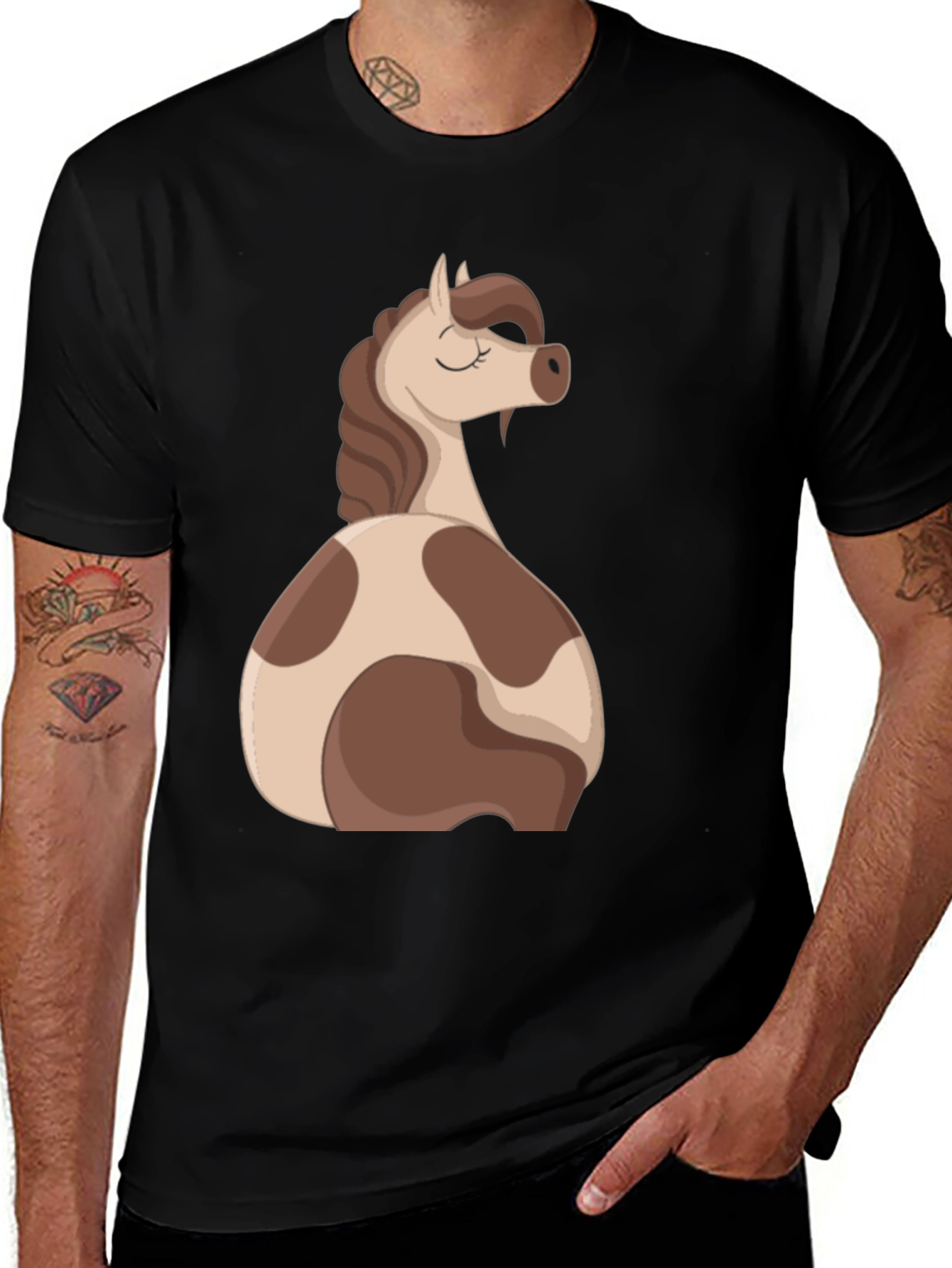 Horse Cartoon Graphic Black T-Shirt