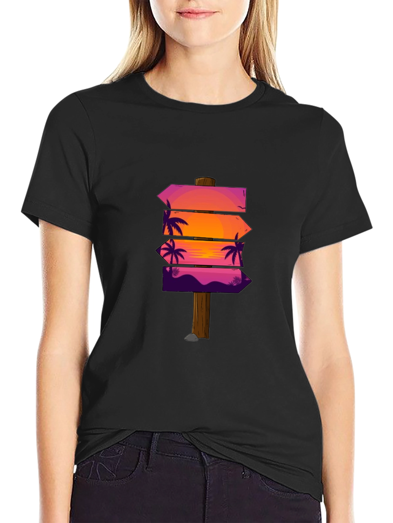Sunset Palm Arrows Graphic Black T-Shirt