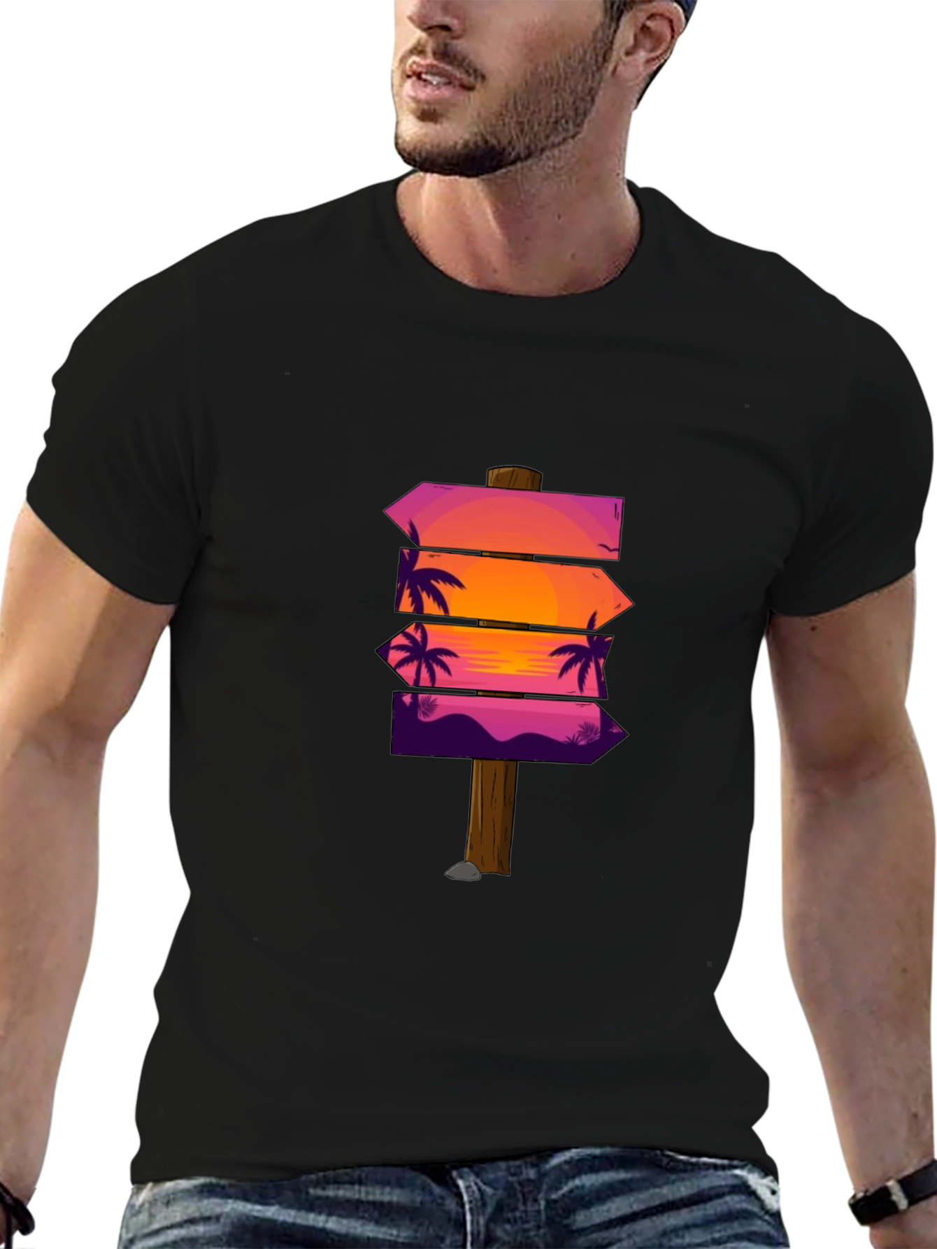 Sunset Palm Arrows Graphic Black T-Shirt