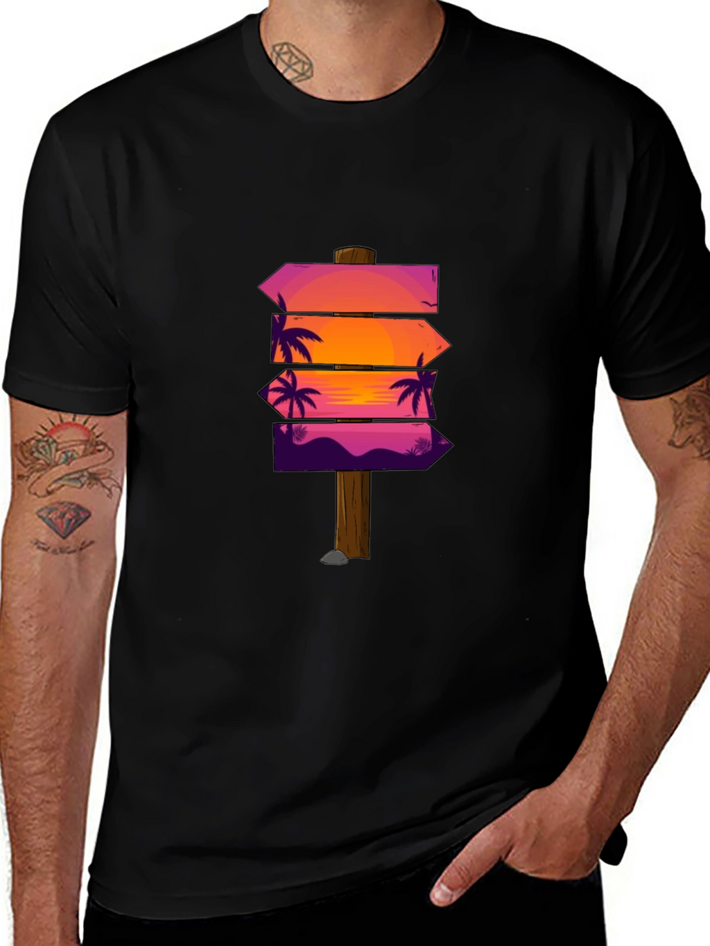 Sunset Palm Arrows Graphic Black T-Shirt