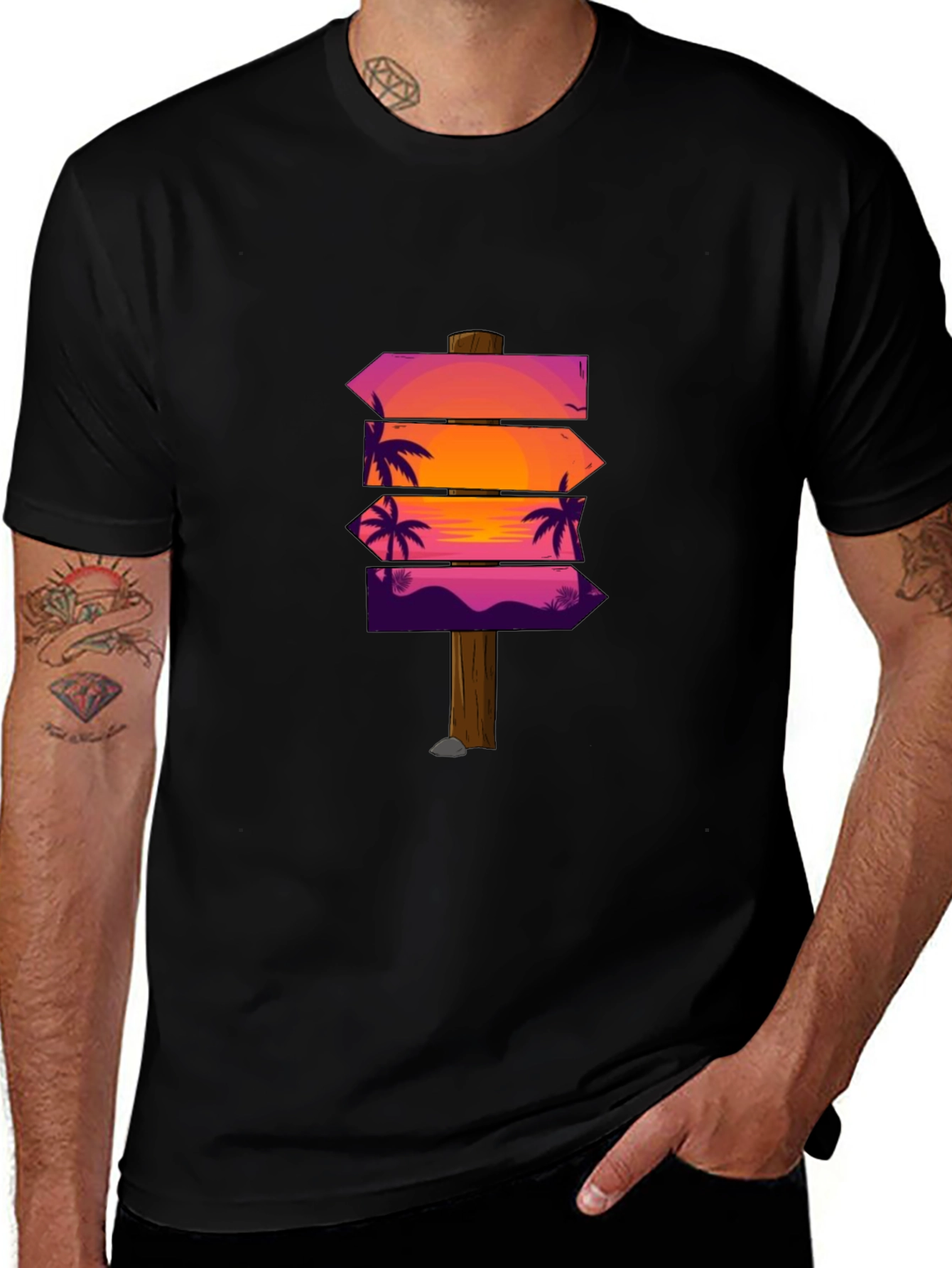Sunset Palm Arrows Graphic Black T-Shirt
