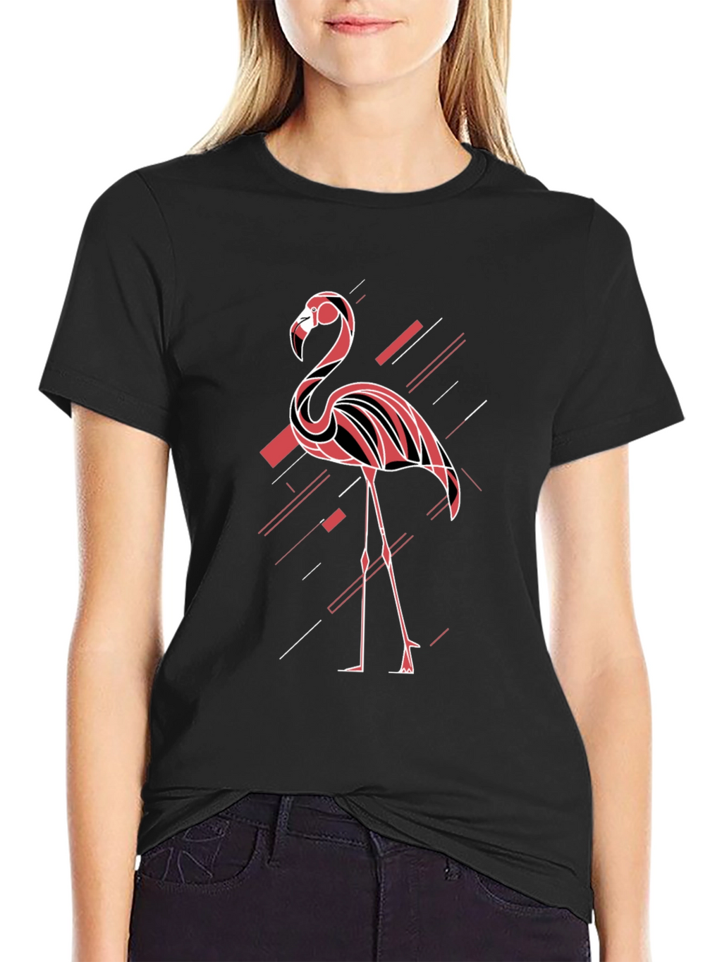 Modern Flamingo Graphic Tee - Black Cotton T-Shirt