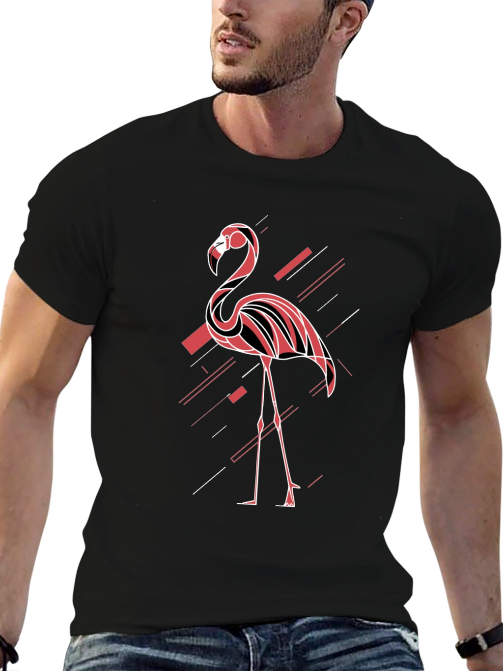 Modern Flamingo Graphic Tee - Black Cotton T-Shirt
