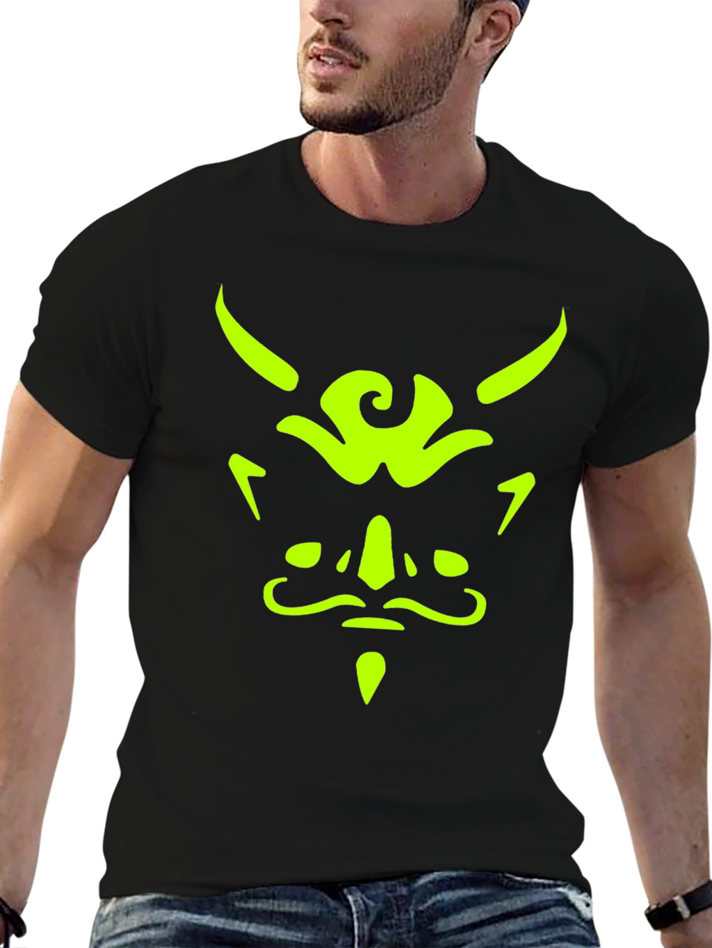 Mens Black T-Shirt with Neon Green Demon Face Graphic