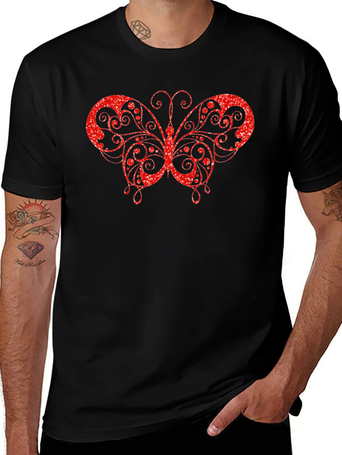 Sparkling Red Butterfly Black T-Shirt