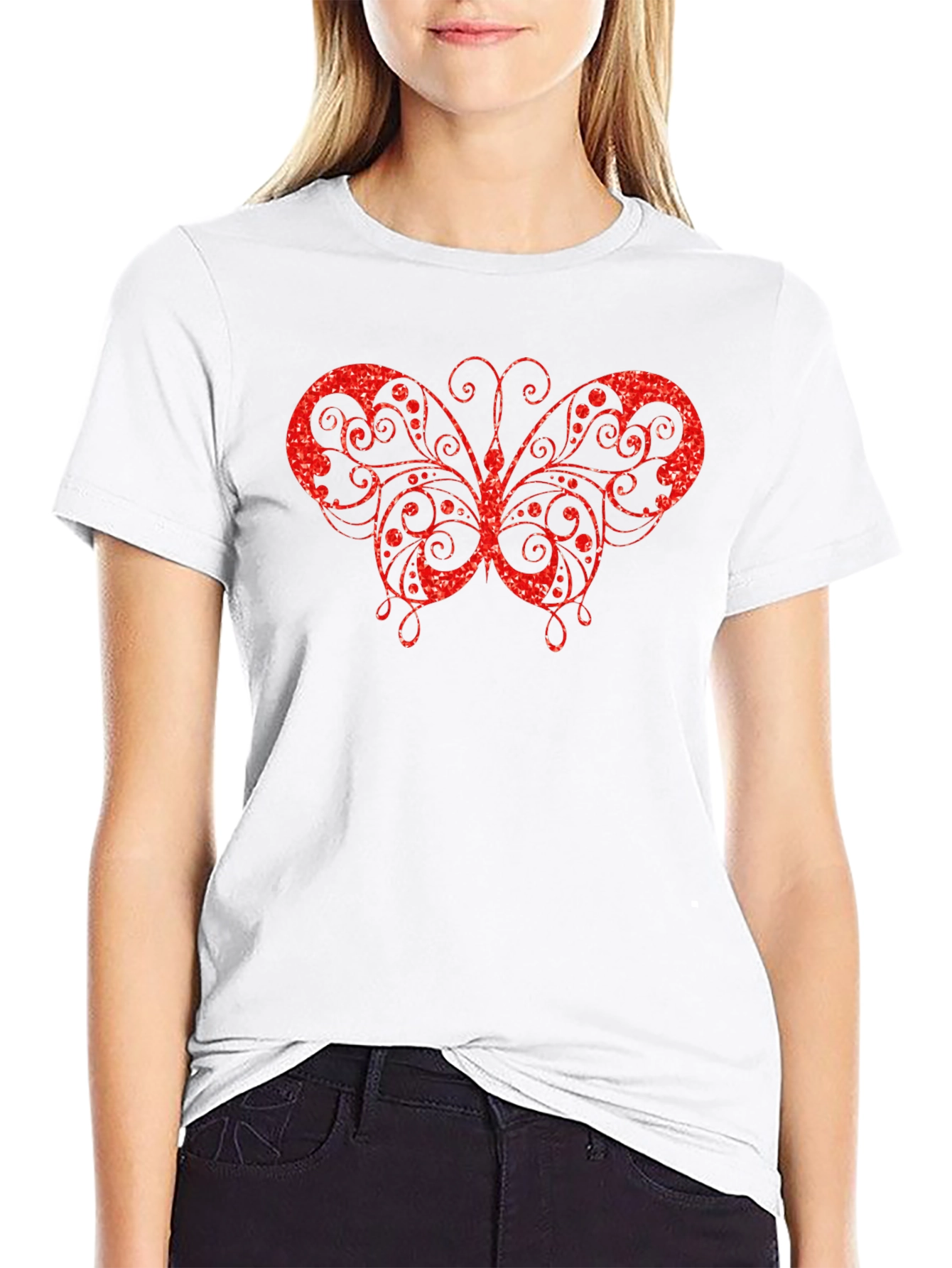 Sparkling Red Butterfly Black T-Shirt