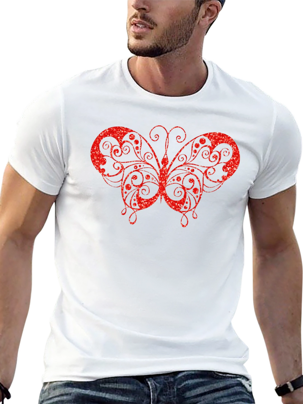 Sparkling Red Butterfly Black T-Shirt
