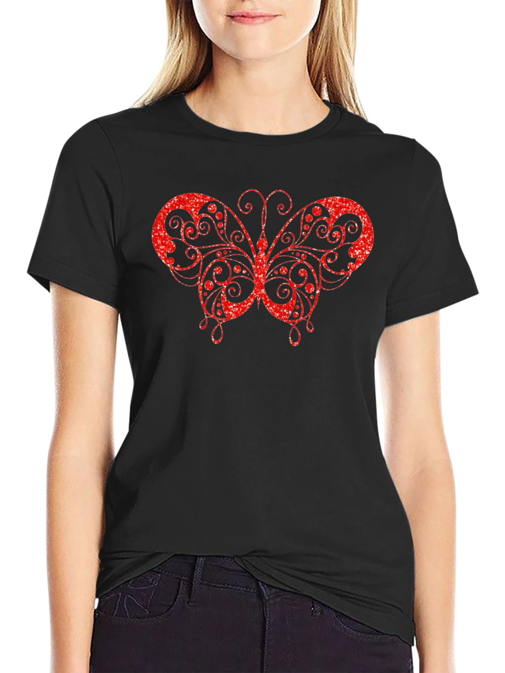 Sparkling Red Butterfly Black T-Shirt